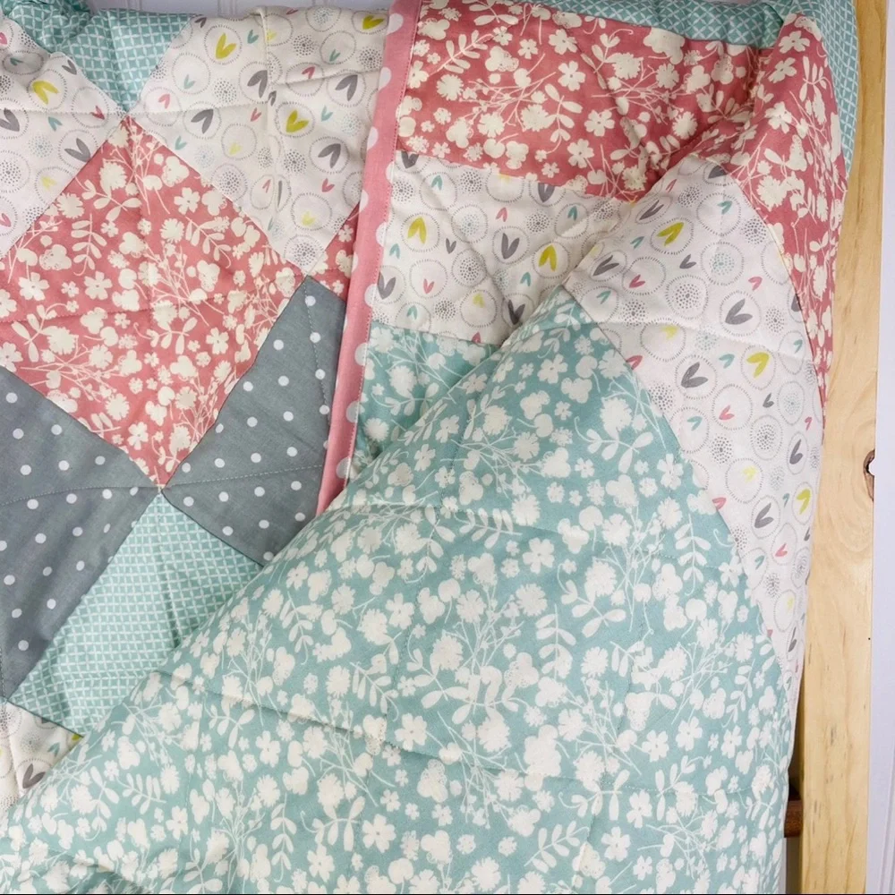 Handmade Easter / Spring Quilt Dusty Rose Blue Polka Dot Nursery Baby Bedding
